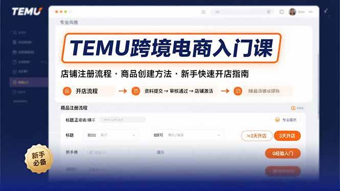 （15682期）TEMU跨境电商入门课，店铺注册流程，商品创建方法，新手快速开店指南-网创副业教程