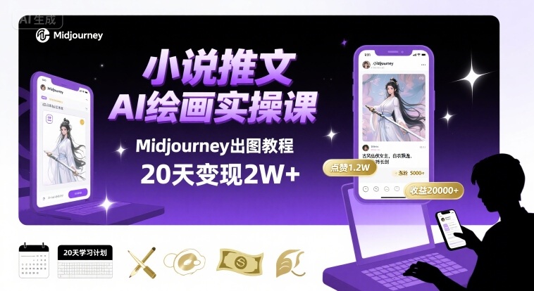 小说推文干货分享之AI绘画MJ出图实操课，用Midjourney做小说推文，20天挣2w-网创副业教程
