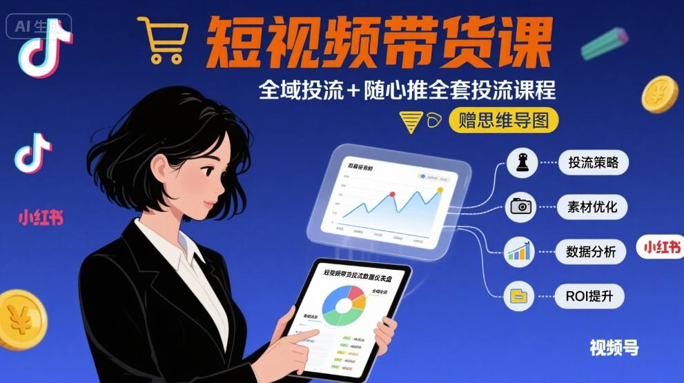 最新短视频带货课，全域投流+随心推全套投流课程+思维导图-网创副业教程