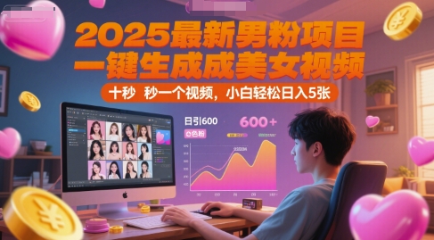 2025最新男粉项目，一键生成美女视频，日引600+色粉 十秒一个视频，小白轻松日入5张【揭秘】-网创副业教程