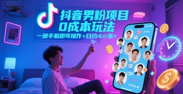 抖音男粉项目0成本玩法，一部手机即可操作，日均4张+，时间自由-网创副业教程