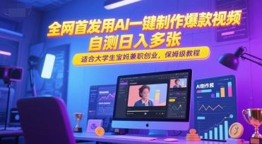 全网首发用AI一键制作爆款视频，自测日入多张，适合大学生宝妈兼职创业，保姆级教程-网创副业教程