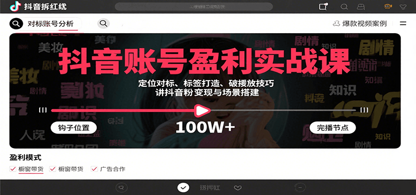 抖音账号盈利实战课，定位对标、标签打造、破播放技巧，讲涨粉变现与场景搭建-网创副业教程