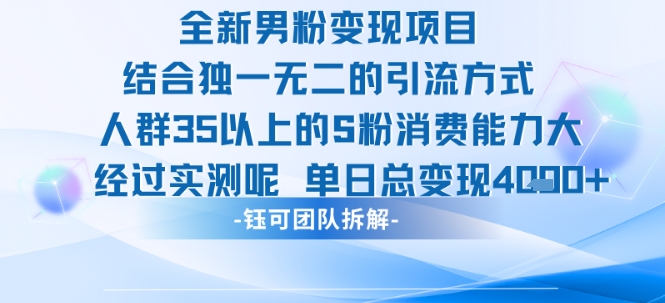 全新男粉变现项目引流人群35以上的男粉消费能力大 经过实测单日变现1k+-网创副业教程