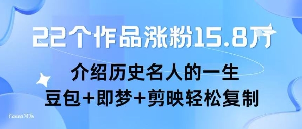 22个作品涨粉15.8W ，介绍历史名人的一生 ， 豆包+即梦+剪映轻松复制-网创副业教程