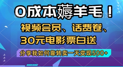 0成本薅羊毛!视频会员、话费卷、30元电影票白送，分享我如何靠转卖一天变现5张+【揭秘】-网创副业教程