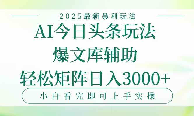 （15356期）今日头条2025年最新暴利玩法，一键生成爆款，轻松实现矩阵日入3000+-网创副业教程