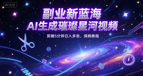 副业新蓝海，AI生成璀璨星河视频，剪辑5分钟日入多张，保姆教程-网创副业教程