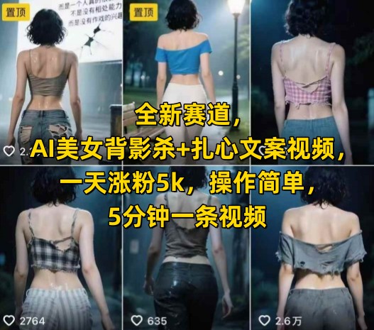 全新赛道，AI美女背影杀+扎心文案视频，一天涨粉5k，操作简单，5分钟一条视频-网创副业教程