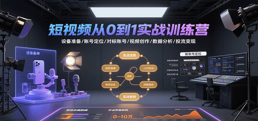 短视频从0到1实战训练营：设备准备/账号定位/对标账号/视频创作/数据分析/投流变现-网创副业教程