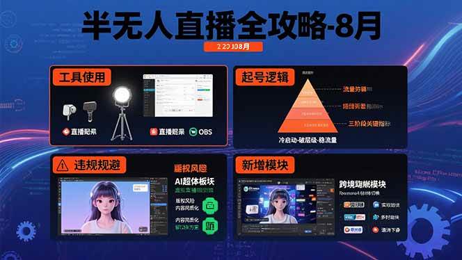（15669期）半无人直播全攻略-8月：工具使用+起号逻辑+违规规避,新增AI超体与跨境模块-网创副业教程