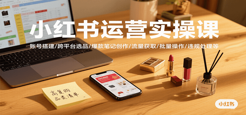 小红书运营实操课，账号搭建/跨平台选品/爆款笔记创作/流量获取/批量操作/违规处理等-网创副业教程