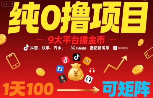 纯0撸项目，9大平台撸金币，抖音，快手，汽水，番茄畅听等，1天100，可矩阵-网创副业教程