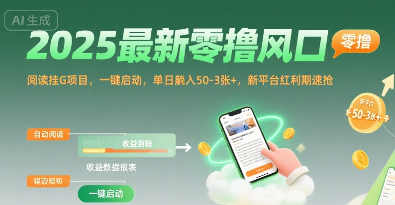2025最新零撸风口，阅读挂G项目，一键启动，单日躺入 50-3张+，新平台红利期速抢【揭秘】-网创副业教程