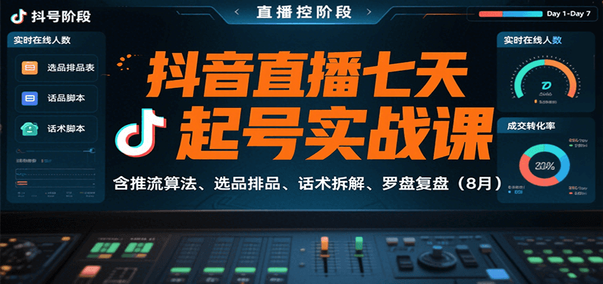 抖音直播七天起号实战课：含推流算法、选品排品、话术拆解、罗盘复盘（8月）-网创副业教程