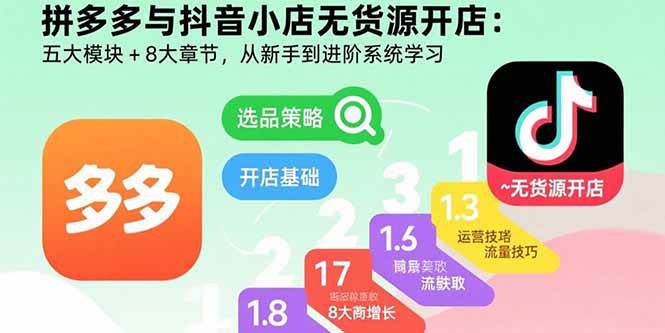 （15805期）拼多多与抖音小店无货源开店：五大模块+8大章节，从新手到进阶系统学习-网创副业教程