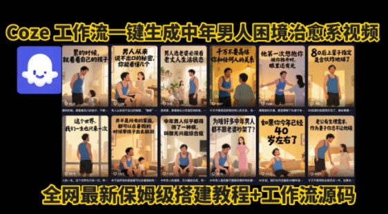 coze工作流一键生成”中年男人困境扎心高涨粉高播放量图文视频”保姆级拆解教程，无需剪辑，无需拍摄写文案-网创副业教程