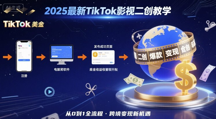2025年最新TikTok影视二创教学，从注册到发布撸美金全流程，跨境变现新机遇-网创副业教程