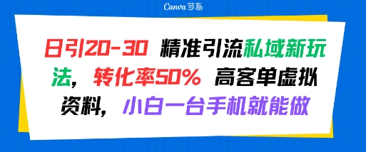 日引 20-30 精准引流私域新玩法,转化率50% 高客单虚拟资料,小白一台手机就能做-网创副业教程