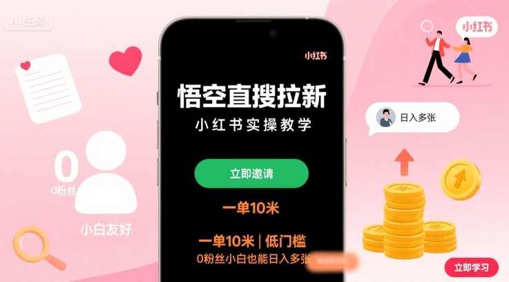 悟空直搜拉新小红书实操教学，一单10米，低门槛，0粉丝小白也能日入多张-网创副业教程