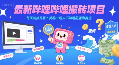 最新哔哩哔哩上B站搬砖项目，每天能挣几张？揭秘一般人不知道的蓝海赛道-网创副业教程