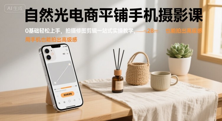 自然光电商平铺手机摄影课,0基础轻松上手,拍摄修图剪辑一站式实操教学,用手机也能拍出高级感-网创副业教程