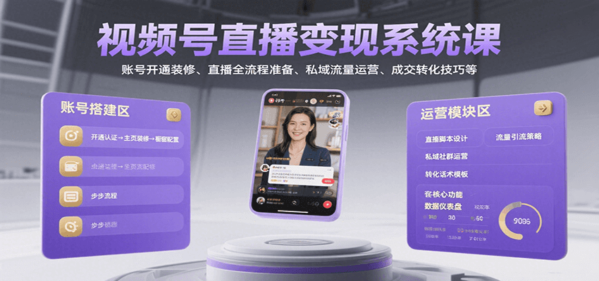 视频号直播变现系统课,账号开通装修、直播全流程准备、私域流量运营、成交转化技巧等-网创副业教程