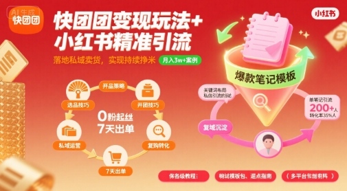 快团团变现玩法+小红书精准引流技巧,助你真正落地私域卖货,实现持续挣米-网创副业教程