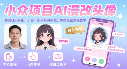 小众项目AI漫改头像,实测日入多张,小白一部手机可以做,保姆级全流程教学-网创副业教程