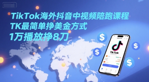 TikTok海外抖音中视频陪跑课程,TK最简单挣美金方式,1万播放挣8刀-网创副业教程