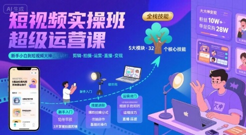 短视频实操班超级运营课,新手小白到短视频大神必修课程,剪辑-拍摄-运营-直播-变现-网创副业教程