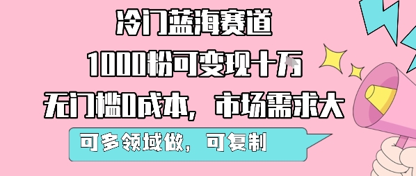 冷门蓝海赛道,1000粉可变现十W,无门槛0成本,市场需求大,可多领域做,可复制性强-网创副业教程